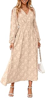 Womens Boho Floral Long Sleeve Maxi Dress V Neck Empire Waist Fall Weddi...