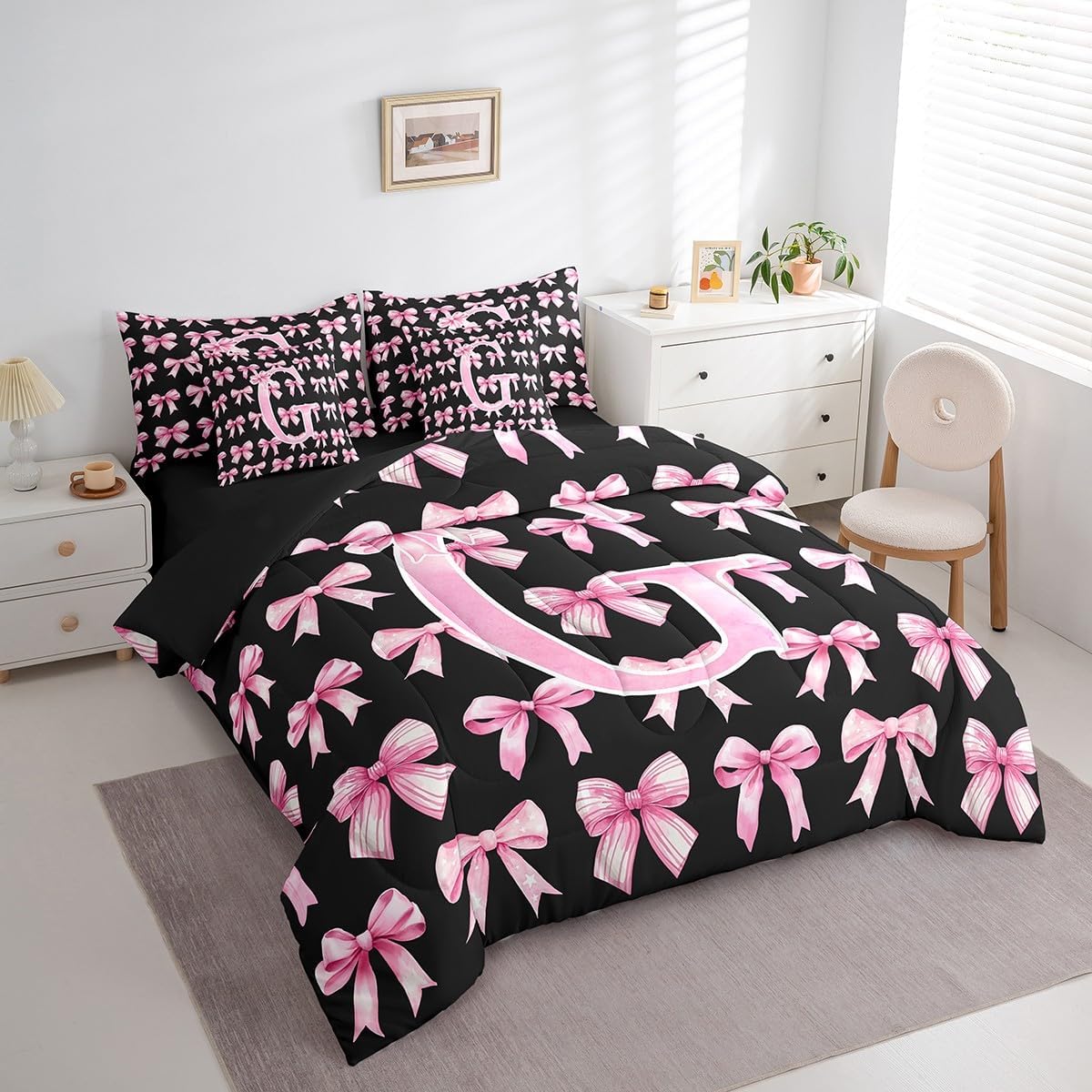 Erosebridal Initial Letter G Birthday Gifts Coquette Bow Bed in a Bag Twin Size Cute Preppy Pink and Black Bow 7 Piece Bedding Set 3D Alphabet Aesthetic Preppy Bowknot Comforter Set with Sheets(G) - Image 3