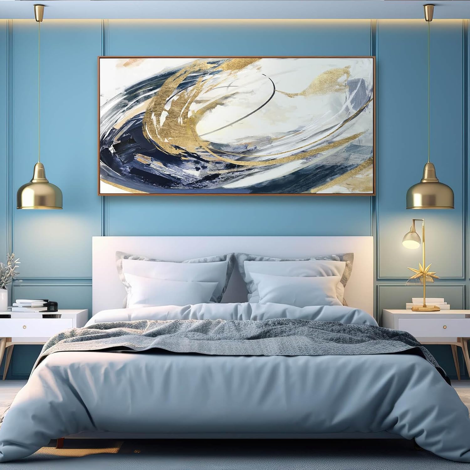 SDYA Large Artwork Abstract Painting 30"x 60"Gold Wall Decor Abstract Wall Art for Living Room Blue Artwork for Bedroom Kitchen Home Wall Decor