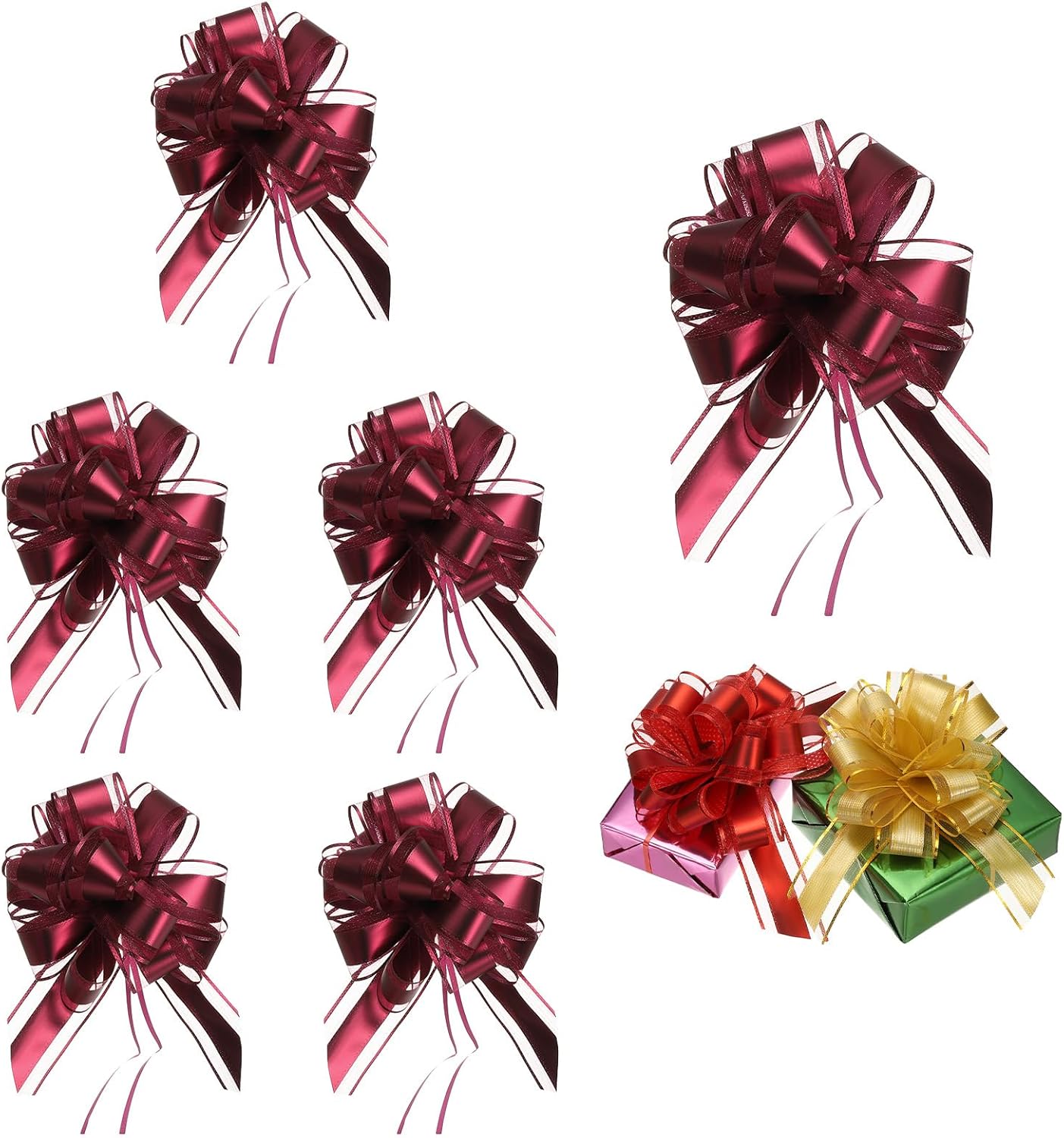 PATIKIL 6 Pcs Large Pull Bow Gift Wrapping, 9 Inch Ribbon Organza Wine Red Bows for Gift Wrapping Wedding Baskets Car