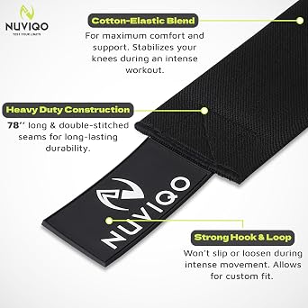 Nuviqo Knee Wraps (Pair) for Weightlifting 78 Inch Maximum Compression