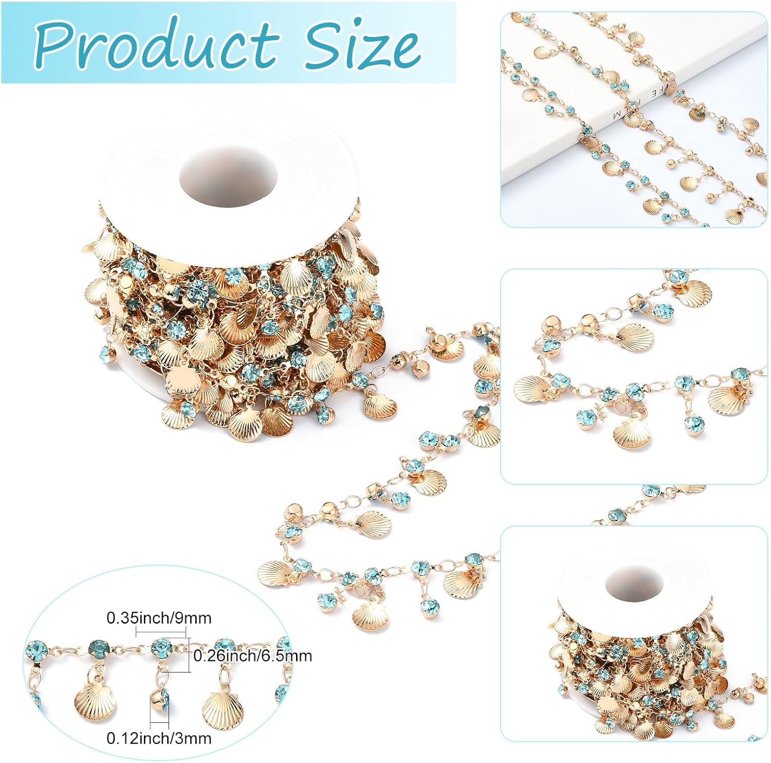 LiQunSweet 5 Meters Blue Rhinestone Brass Chains with Golden Color Shell Shaped Charms for Sunglass Holder Strap DIY Jewelry Making Necklace Bracelet Crafts - Image 2
