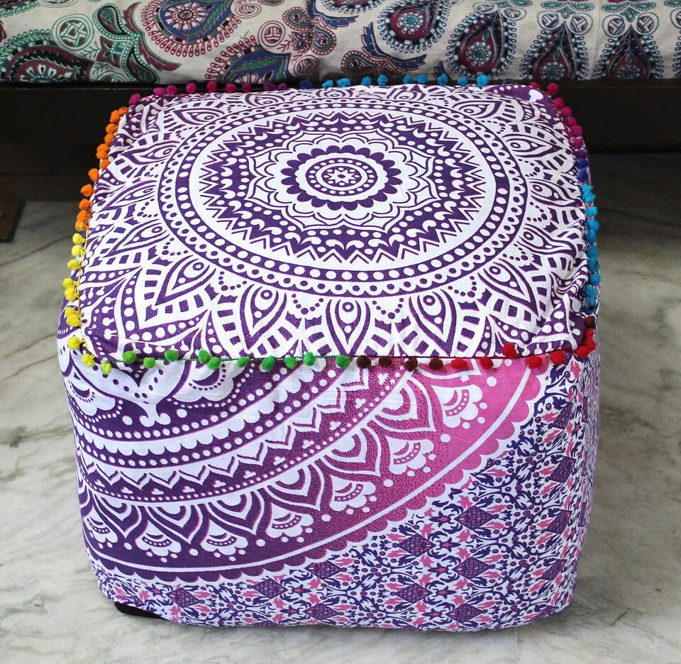 Indian Handmade Mandala | Square Ottoman Pouf Cover | Footstool Seating (Pink Ombre Mandala, 22x22x14)