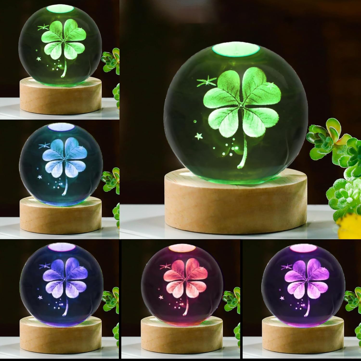 80mm Four Leaf Clover 3D Crystal Ball, Remote Control, LED Light Base, 16 Colors Change, Glass Sphere Lamp, Good Luck Gifts for Women Kids