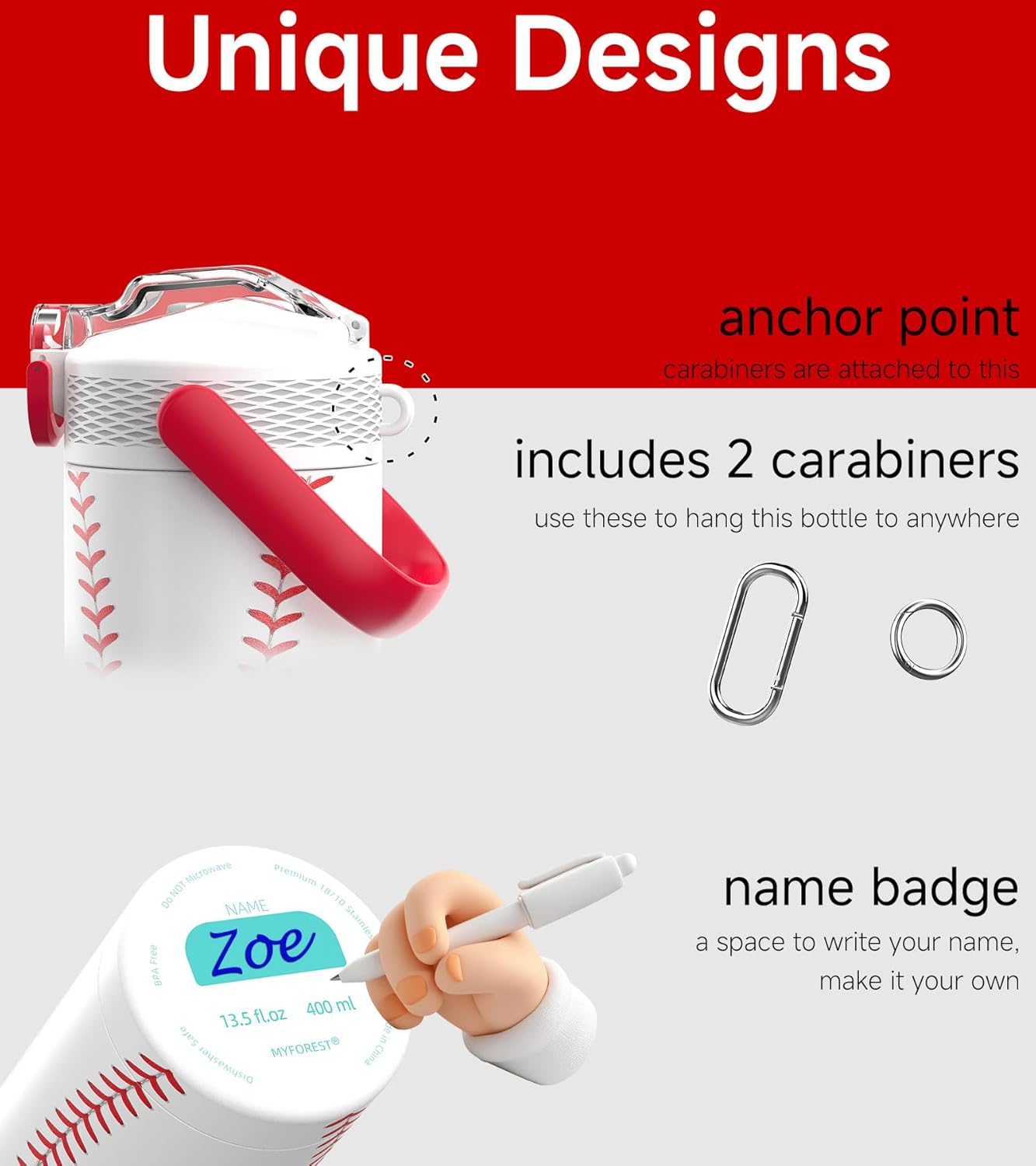 14oz/400ml Insulated Kids Water Bottle, Odor-Free Surgical Grade Liner, Dishwasher-Safe, Name Spot, Soft Sipper, Gift for Sports Fan (Baseball) - Image 5