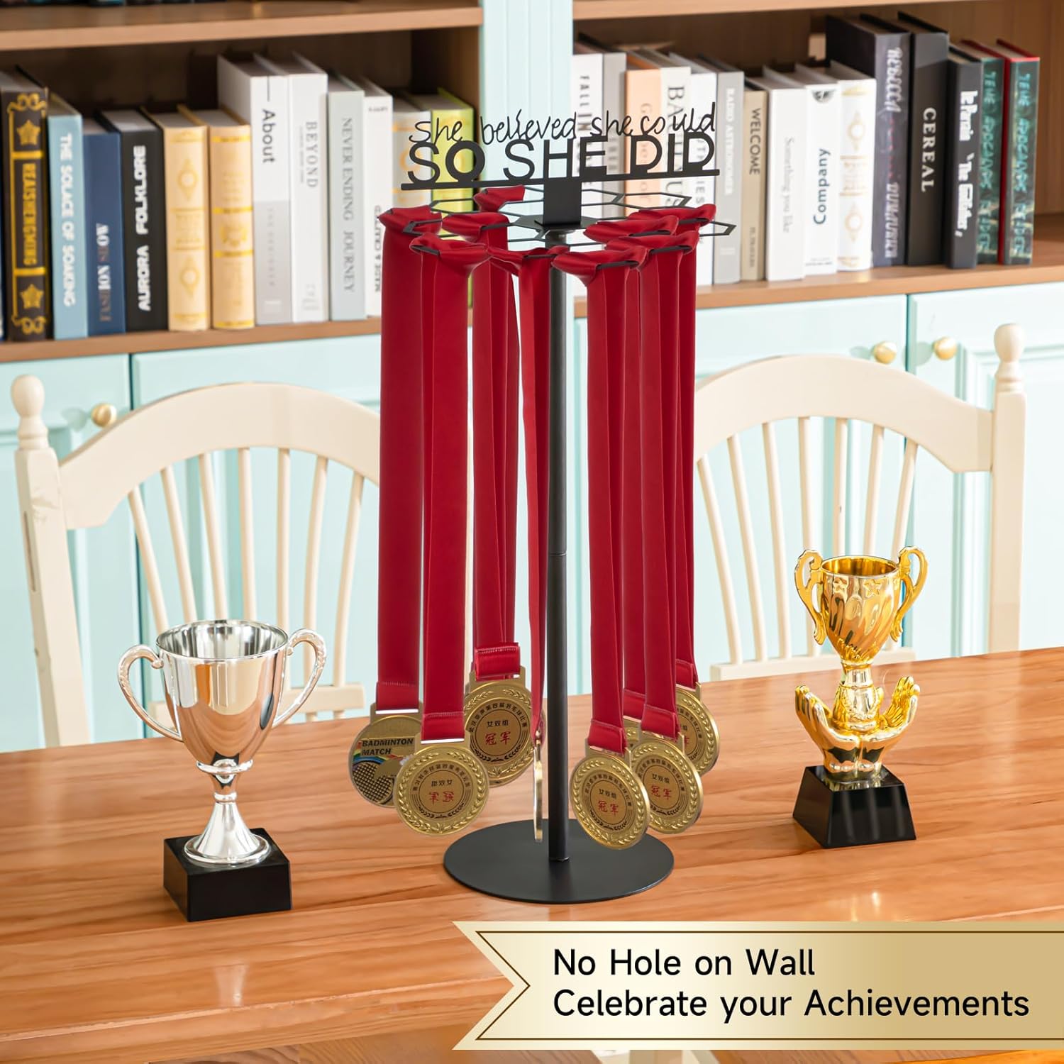 Honeydak Rotatable Medal Hangers Display Tabletop Metal Medal Holder Rack with Adjustable Height Holds 45+ Medals with Motivational Words Race Marathon Sports Hanger Display