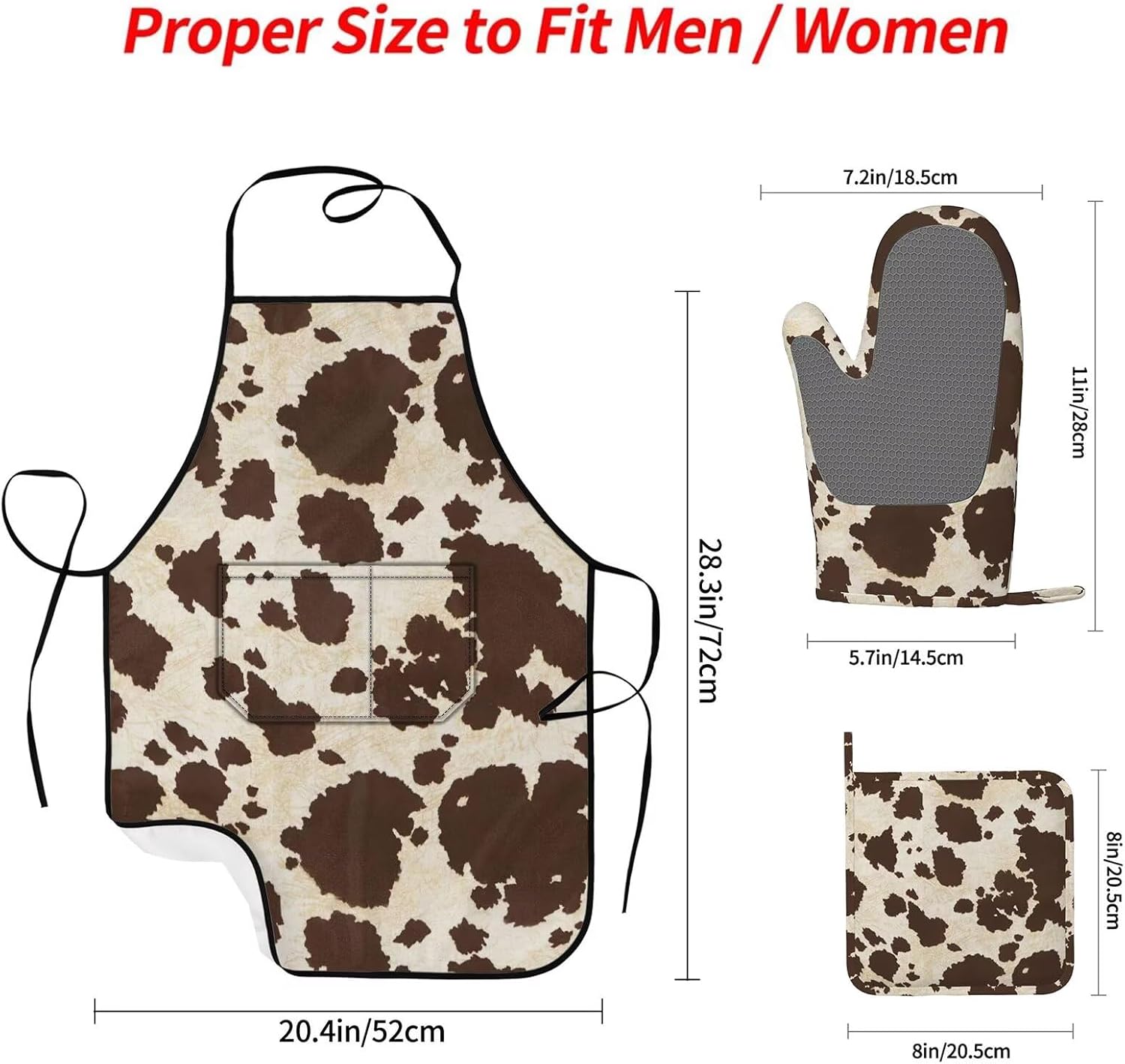 Brown Cowhide Oven Mitts Pot Holders Cooking Apron Set of 5 Silicone Brown Cow Print Kitchen Glove Cowhide Skin Pattern Apron Non-Slip Heat Resistant for Chef Baking Cooking Grilling BBQ