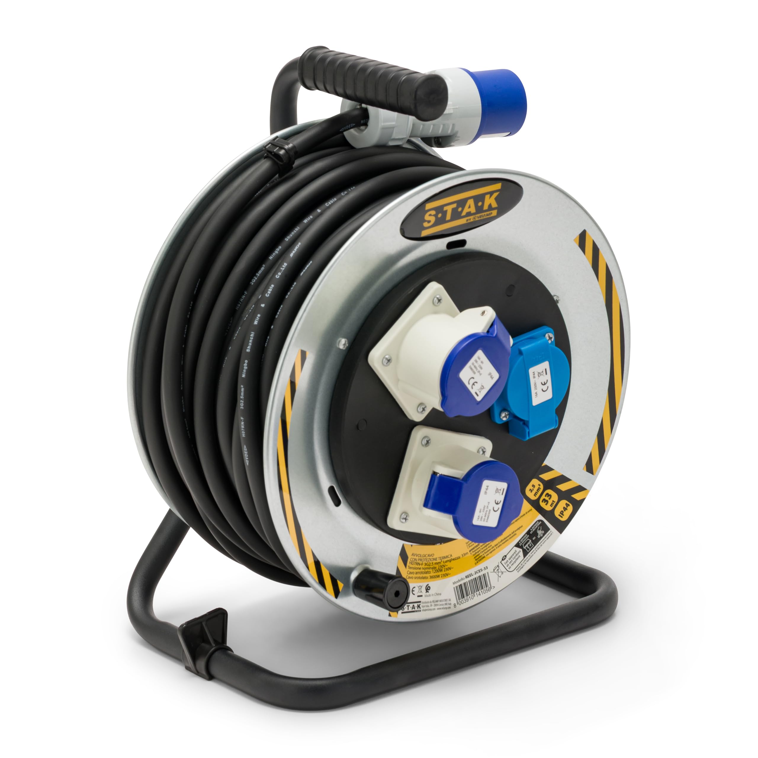 STAK Avvolgicavo Industriale Professionale 33 Metri IP44 con Cavo H07RN-F 3G2.5 mm², 2 Prese CEE + 1 Schuko, Spina CEE 16A, Prolunga Elettrica per Cantiere, Camper, Campeggio e Nautica