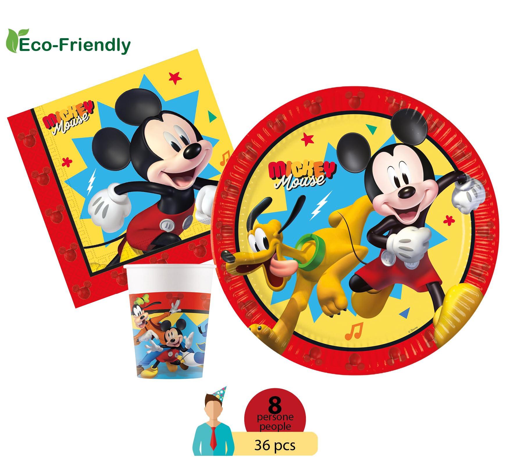 Tableware Party Pack Disney Mickey Jump into Fun for 8 people (36 pcs: 8 plates Ø23cm, 8 cups 200ml, 20 napkins 33x33cm) in eco-friendly compostable FSC paper