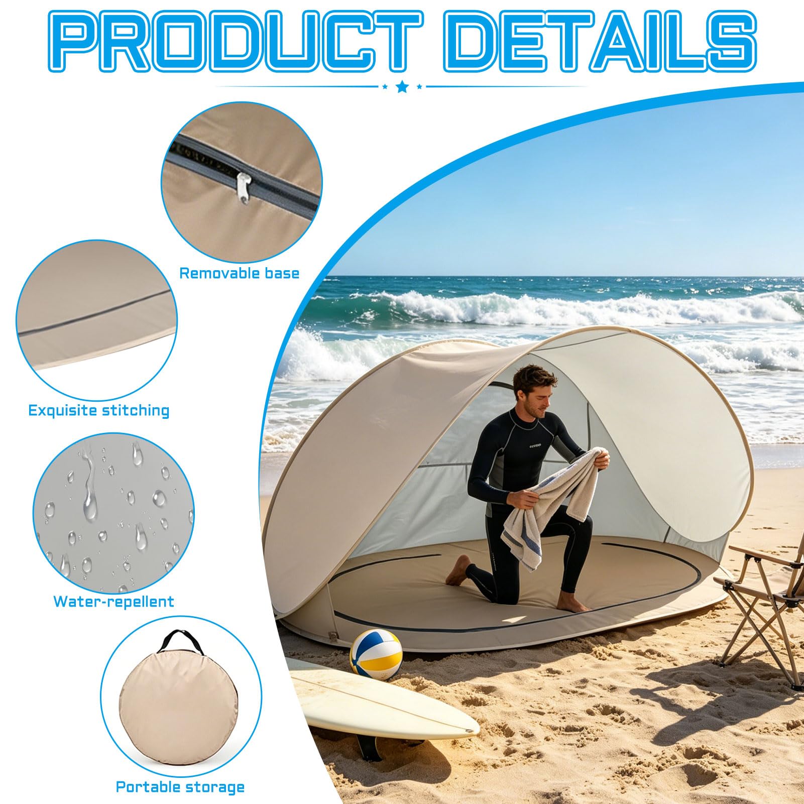 Pop-Up Zelt Strandmuschel mit UV-Schutz 40+, 200 * 120 * 100cm Pop Up Strandmuschel mit 6 Haken, 3-4 Personen Strandzelt, Windschutz Sonnenschutz Strand, UV Strand Zelt für Camping Strand