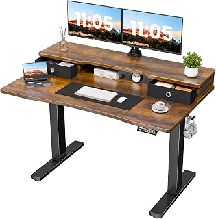 Realbear 48x24 Inch Electric Standing Desk with 2 Drawers & Dual-Monitor Shelf, C-Clamp Mount Compatible, 3 Preset Heights, Home Office Sit Stand Up Desk with Cable Organizer, 2 Hooks
