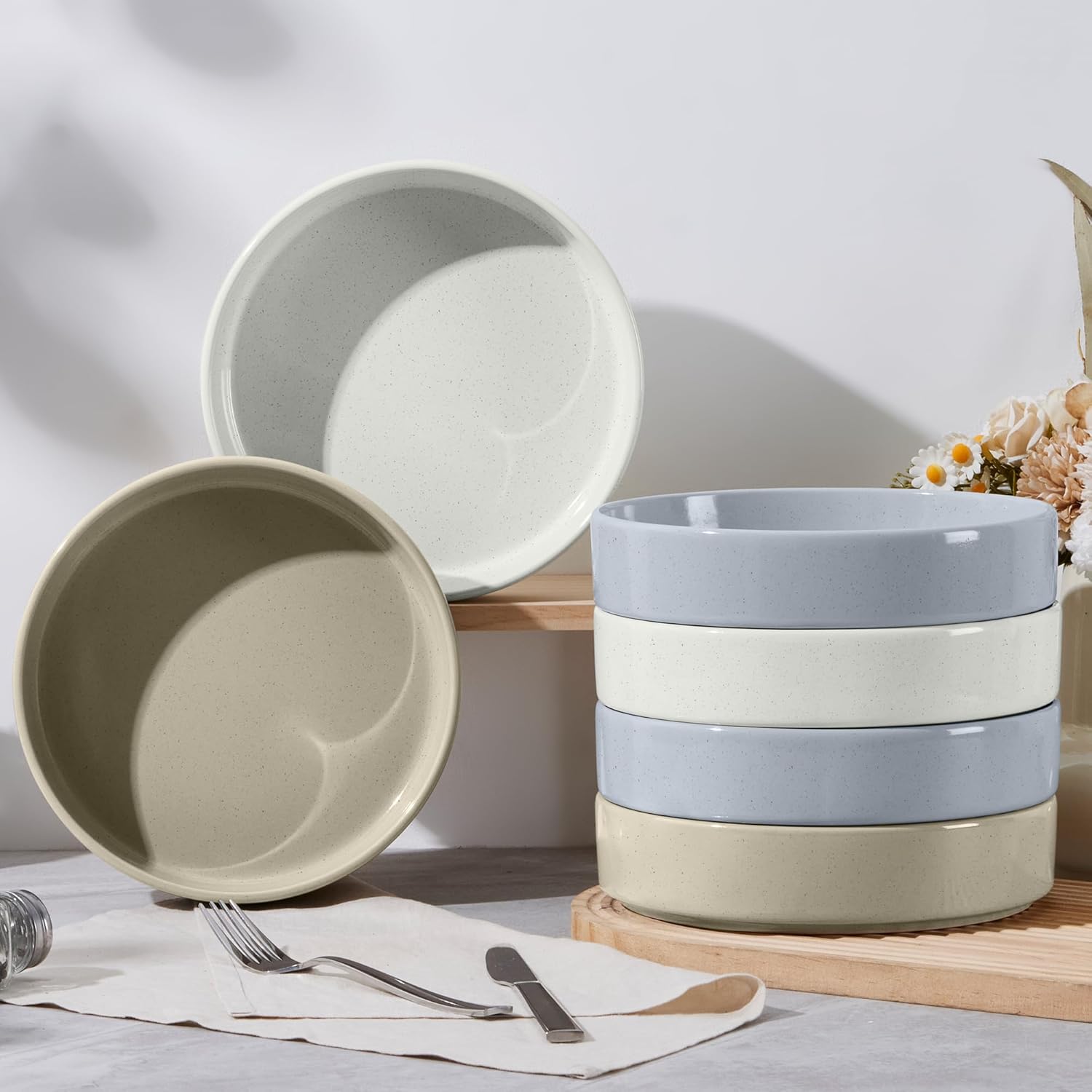 E-far Pasta Bowls Set of 6, 35 oz Large Stoneware Bowl Plates | Shallow & Wide Ceramic Pasta Serving Plates for Salad Dinner Soup | Microwave & Dishwasher Safe, Speckled Multicolor