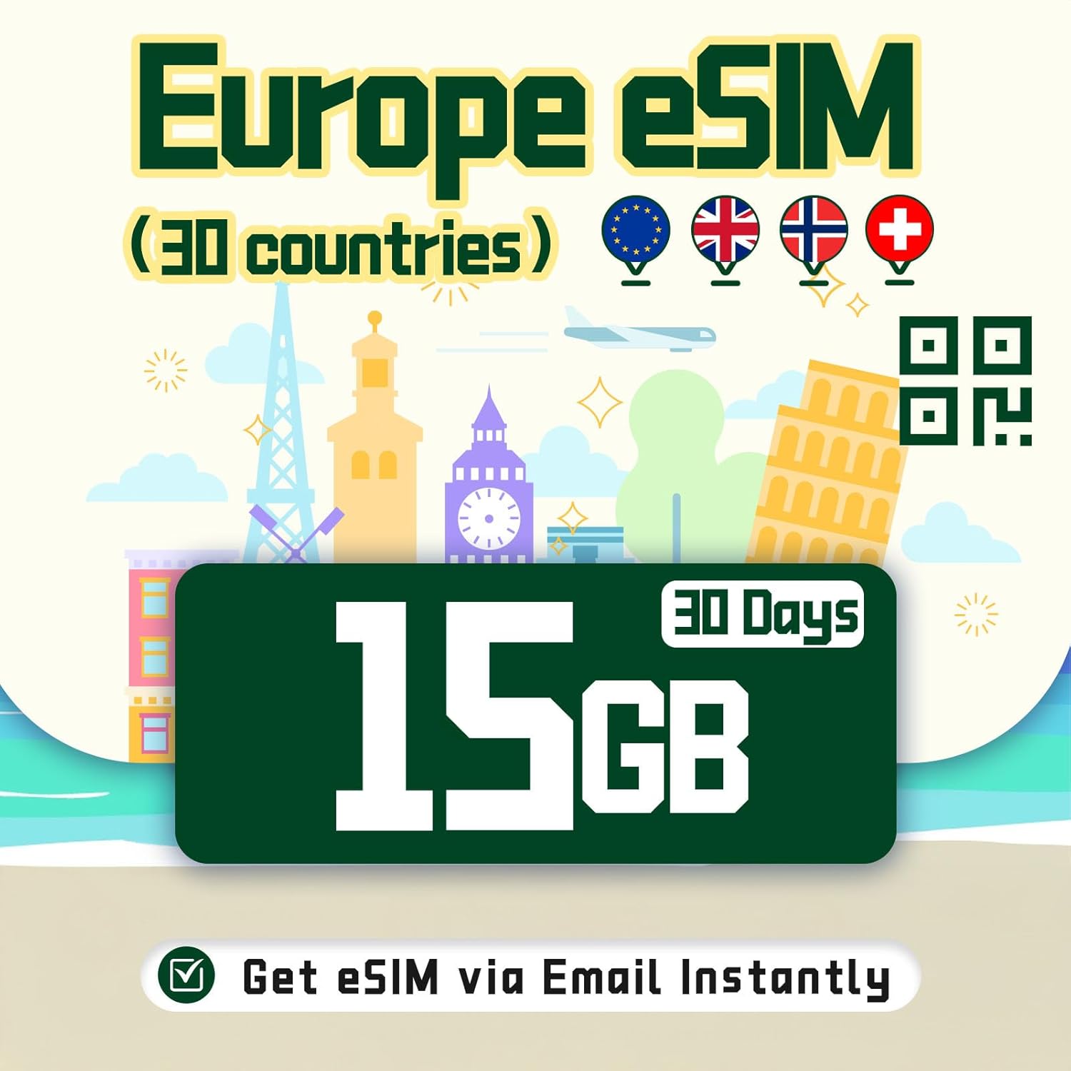 Europe eSIM Card 30GB 365 Days - 4G LTE High-Speed Network, Prepaid eSIM for 32 Countries (Including Switzerland), Hotspot Support, Multi-Carrier for Unlocked iOS and Android, Data ONLY, No Voice/SMS