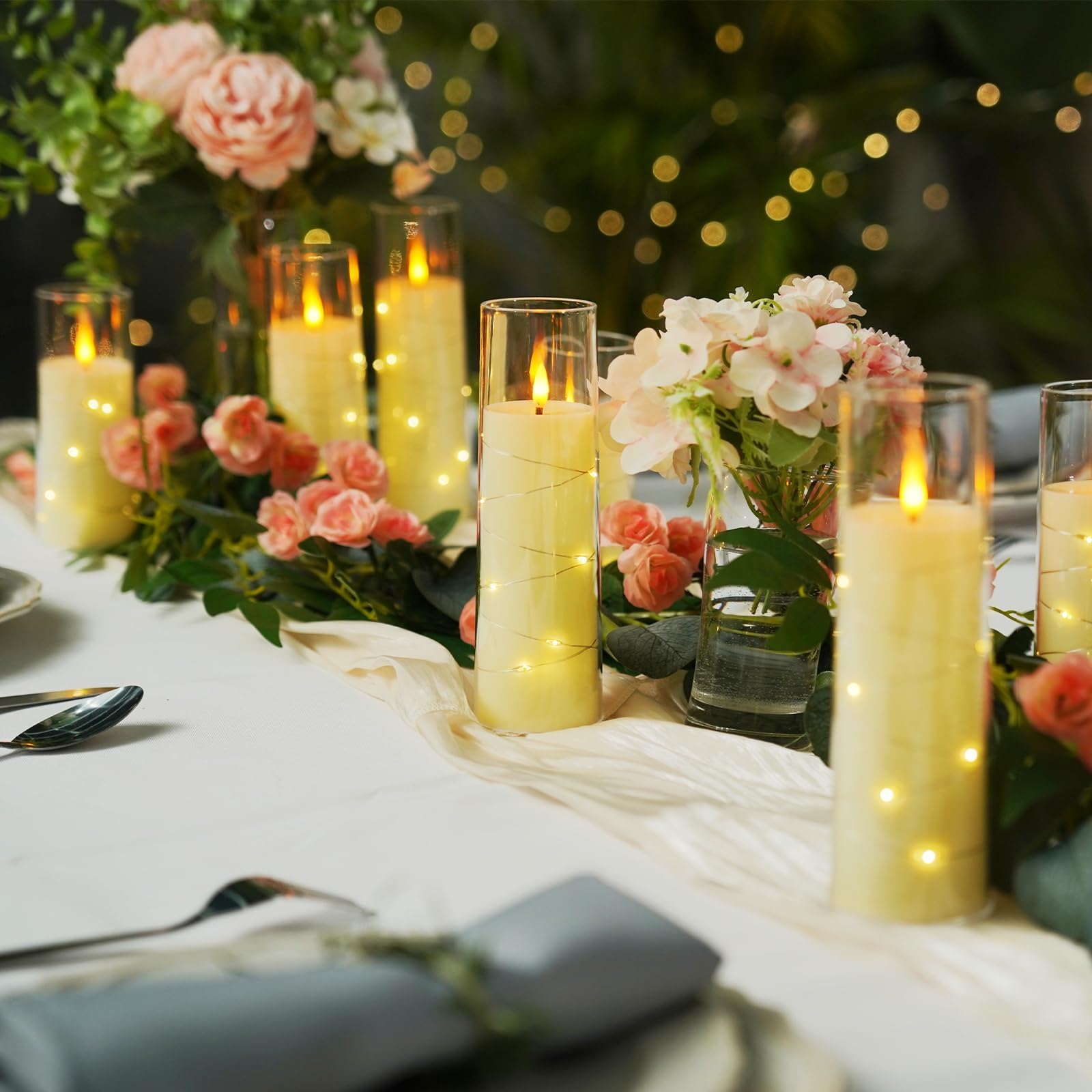 Homemory Candele tremolanti senza fiamma con catena luminosa, candele alimentate a batteria con telecomando e timer, luci a LED, in acrilico, decorazione per la casa, bianco, set da 9