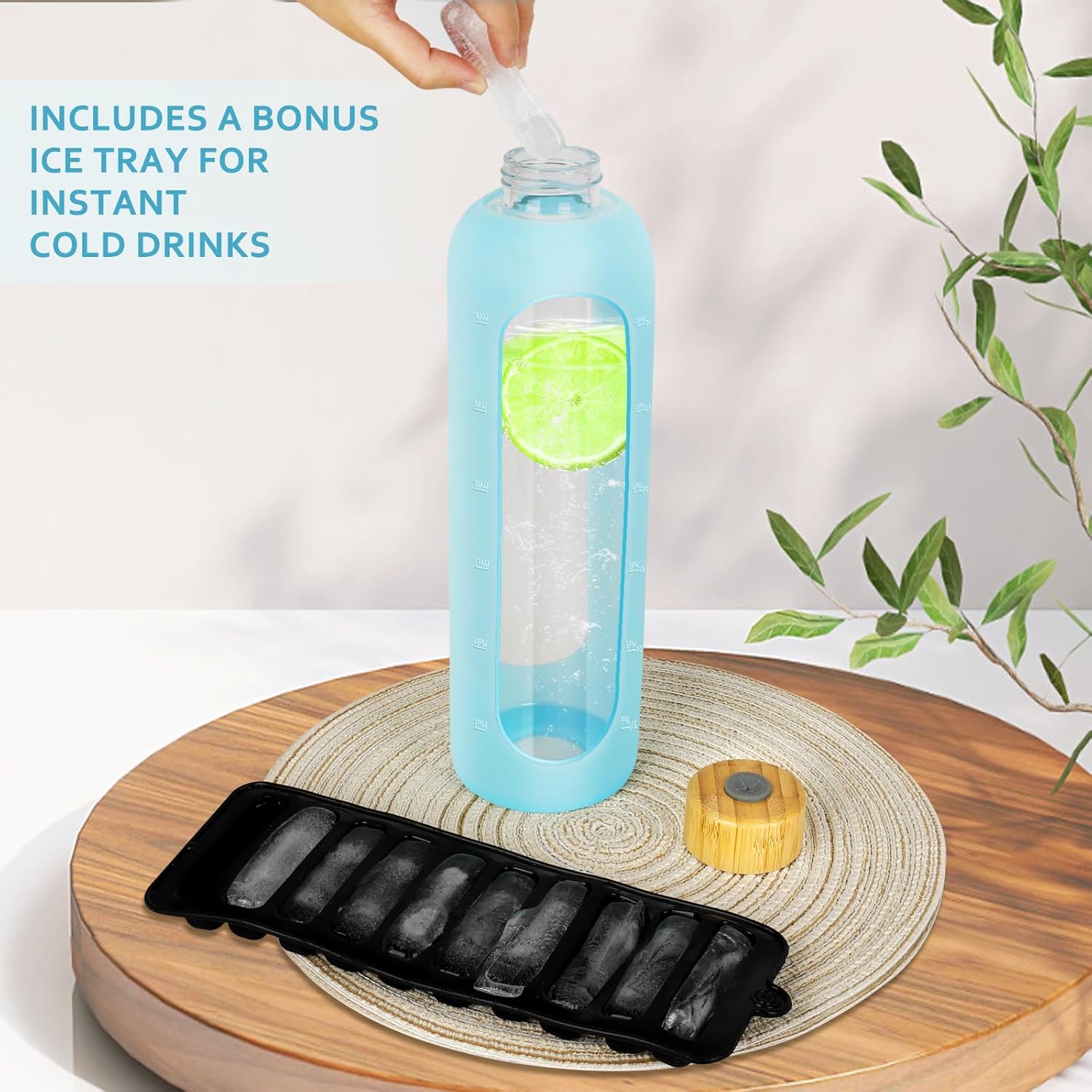 Glass Water Bottles 32 oz - Motivational Drinking Glass Water Bottle with Silicone Sleeve, Straw & 2 Bamboo Lids - 1 Liter Clear Borosilicate Daily Intake Tumbler with Time Marker - Blue - Image 4