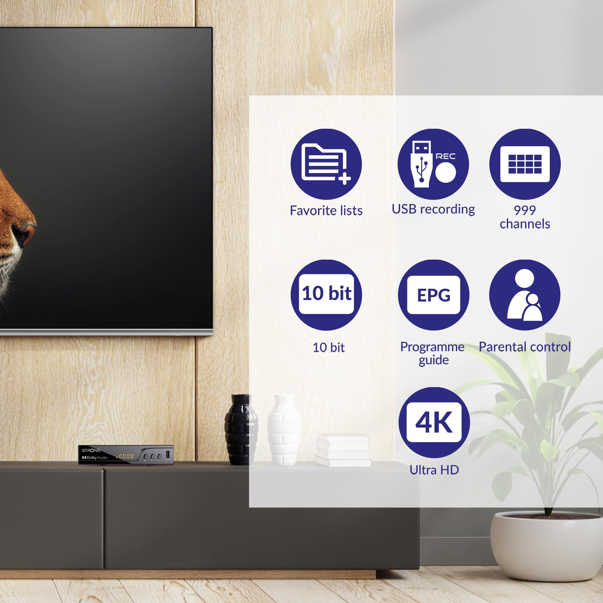 STRONG Dekoder TNT UHD 4K|DVB-T2|Kompatybilny z HEVC265|Odbiornik/Tuner TV Rejestrator USB|DOLBY Digital Plus|HDMI|SCART