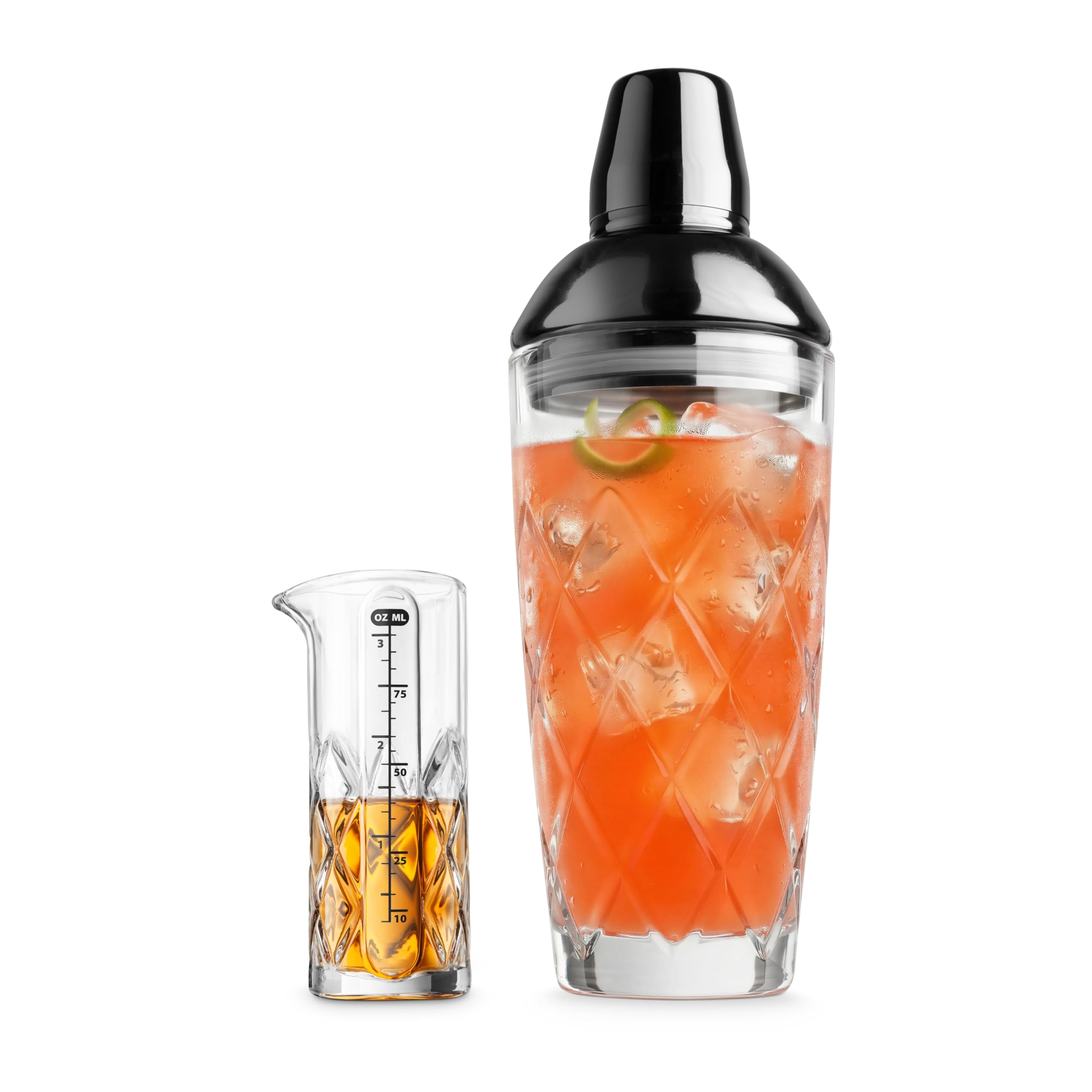 Final Touch Yarai FTA1859-19 - Juego de coctelera de cocina japonesa con tapa cromada negra y medidor medidor - Kit de mezcla premium para camareros y el hogar - 24 onzas (700 ml)