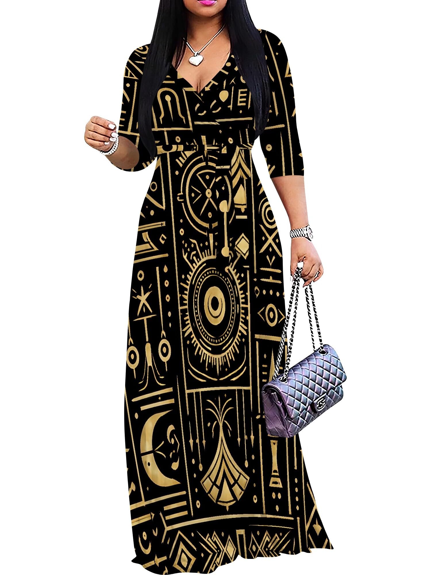 PinkPatty Women's Plus Size V Neck 3/4 Sleeve Boho Maxi Dress with Pockets | Boho printed maxi dress with pockets and tie waist for travel, vacations, weddings, church, parties, and daily wear