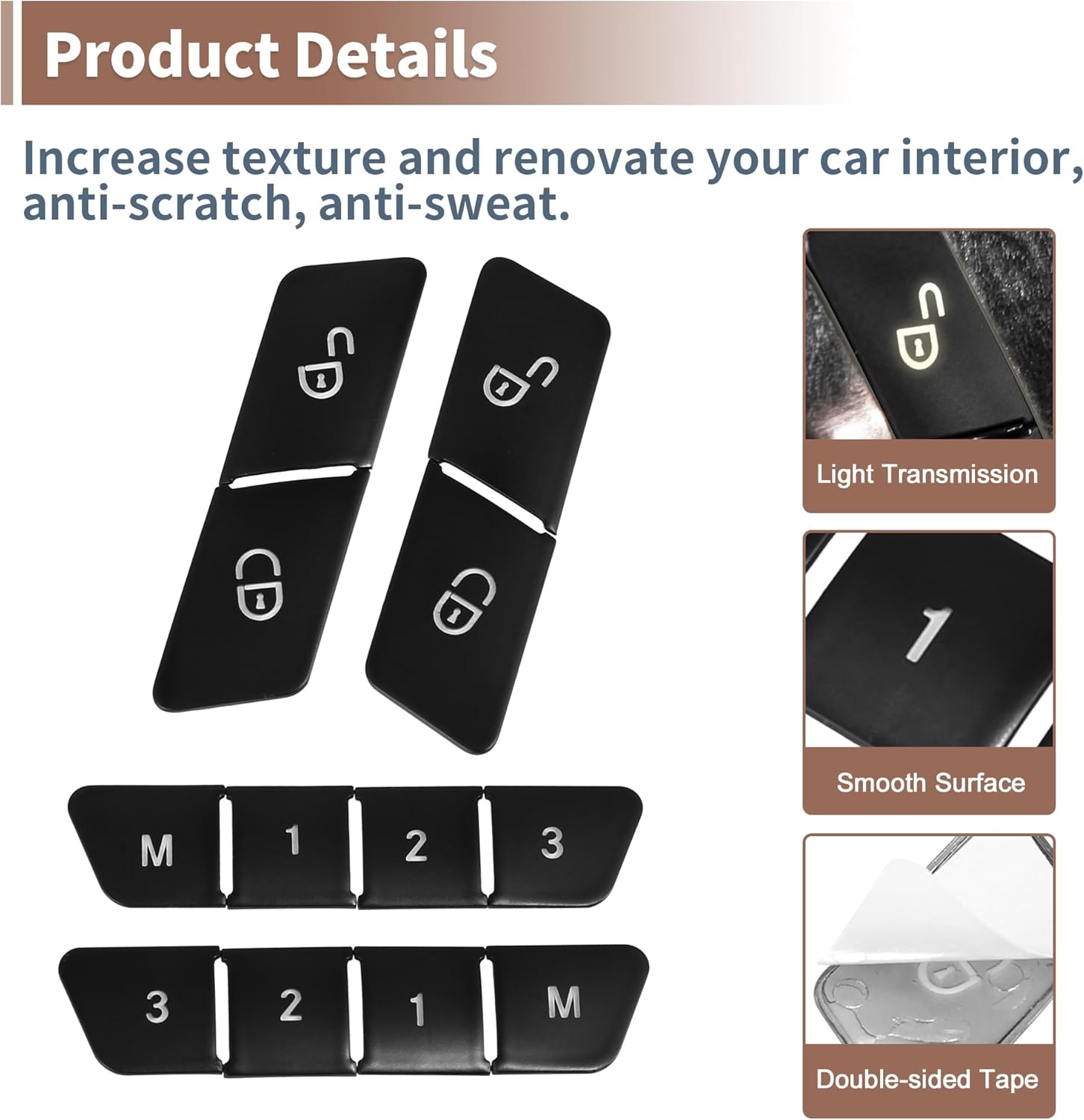 Set of 12 Car Seat Memory Door Lock Unlock Button Sticker Adjust Switch Button for Mercedes-Benz a Class 2013-2017 Interior Trim Accessory Black