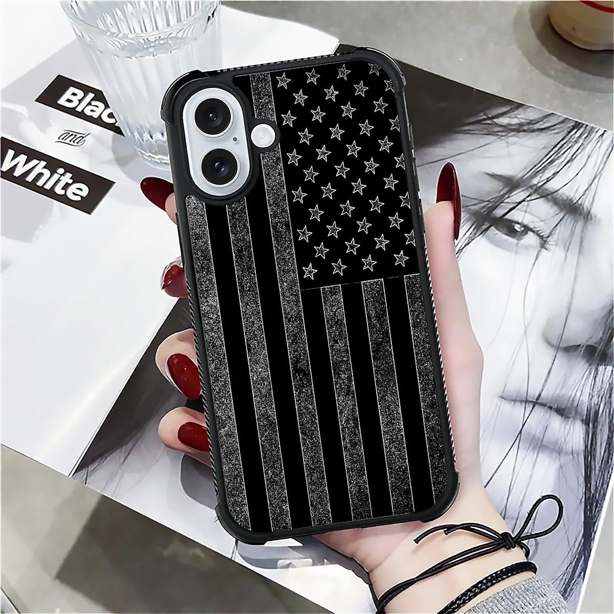 Case Compatible with iPhone 16, Black and White American Flag Cases, Tempered Glass Back+Soft Silicone TPU Shock Protective Case for iPhone 16. - Image 5