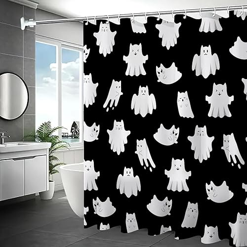 Miniatura 7 de Bonita cortina de ducha de Halloween con 12 ganchos, impermeable, espeluznante, fantasma, gato, cortina de baño, decoración de cortina de baño,