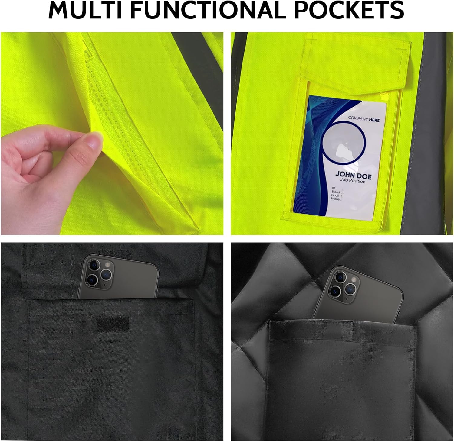 TCCFCCT High Visibility Jacket Warm Reflective Jackets for Men, Hi Vis Jacket for Men Construction, High Vis Safety Jackets for Cold Weather, Waterproof Rain Gear, Long J-Yellow, L - Image 5