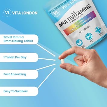 Vita London A-Z Multivitamins for Men & Women – 22 Essential Active Vitamins & Minerals with Iron – High Strength Daily Supplement – 120 Tablets – UK Made, Vegetarian