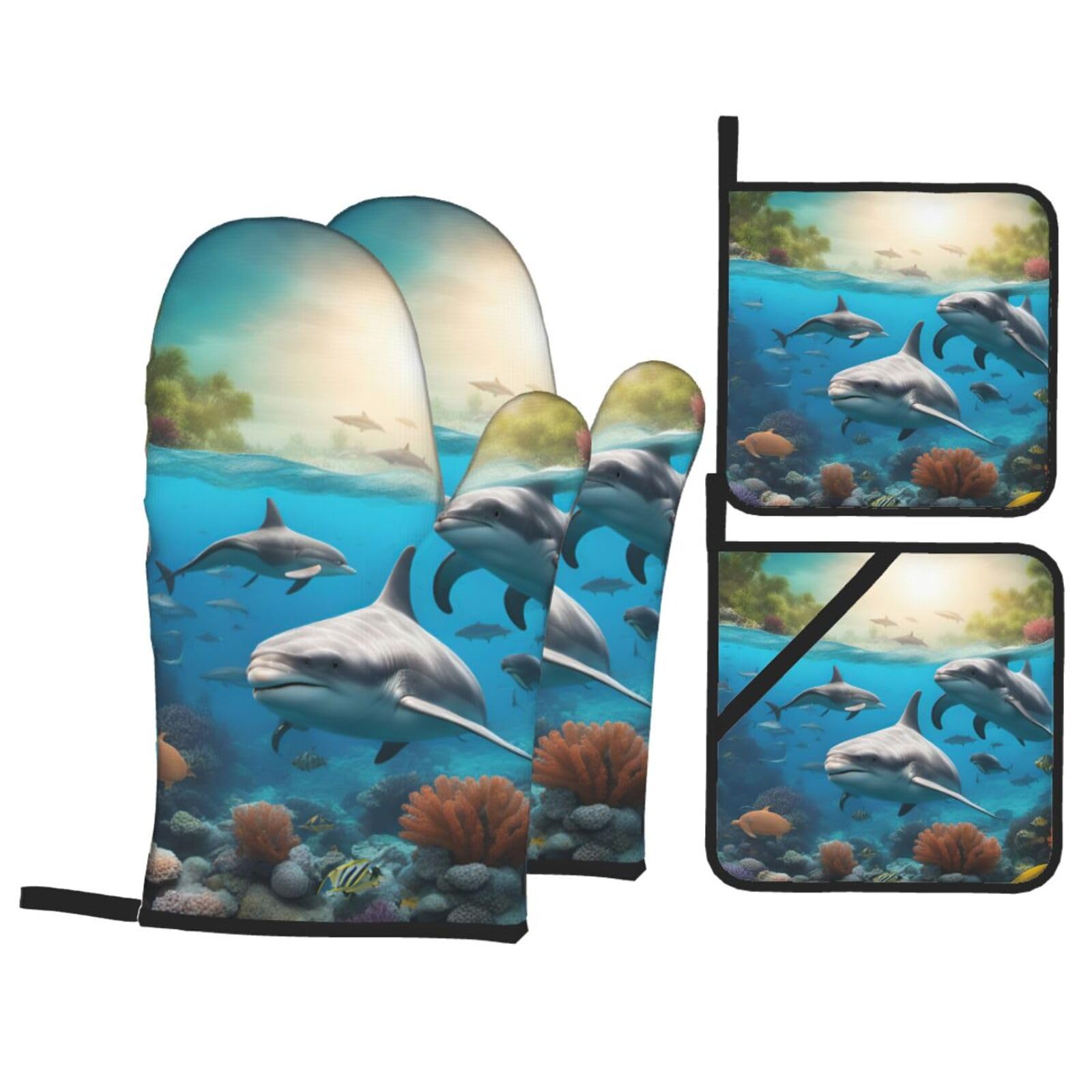 Dolphins Sea Turtle Shark Octopus Coral Print 4-Piece Oven Microwaving Set Waterproof Kitchen Gloves for Baking Grilling Cooking