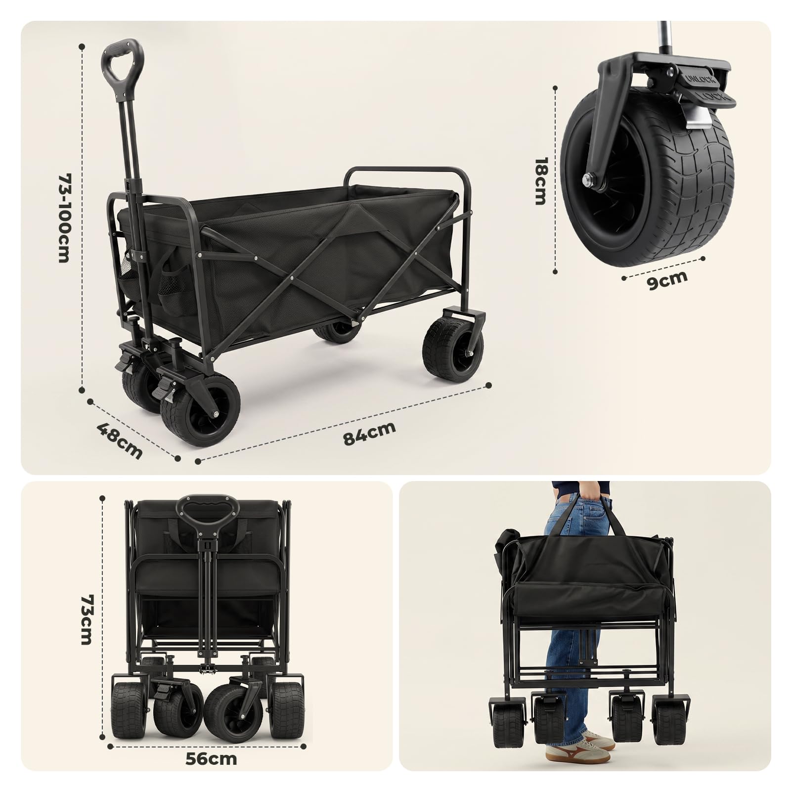 Bollerwagen Faltbar 200L 160KG 84x48x100cm Breite Reifen 360° All-Terrain-Rädern Handwagen