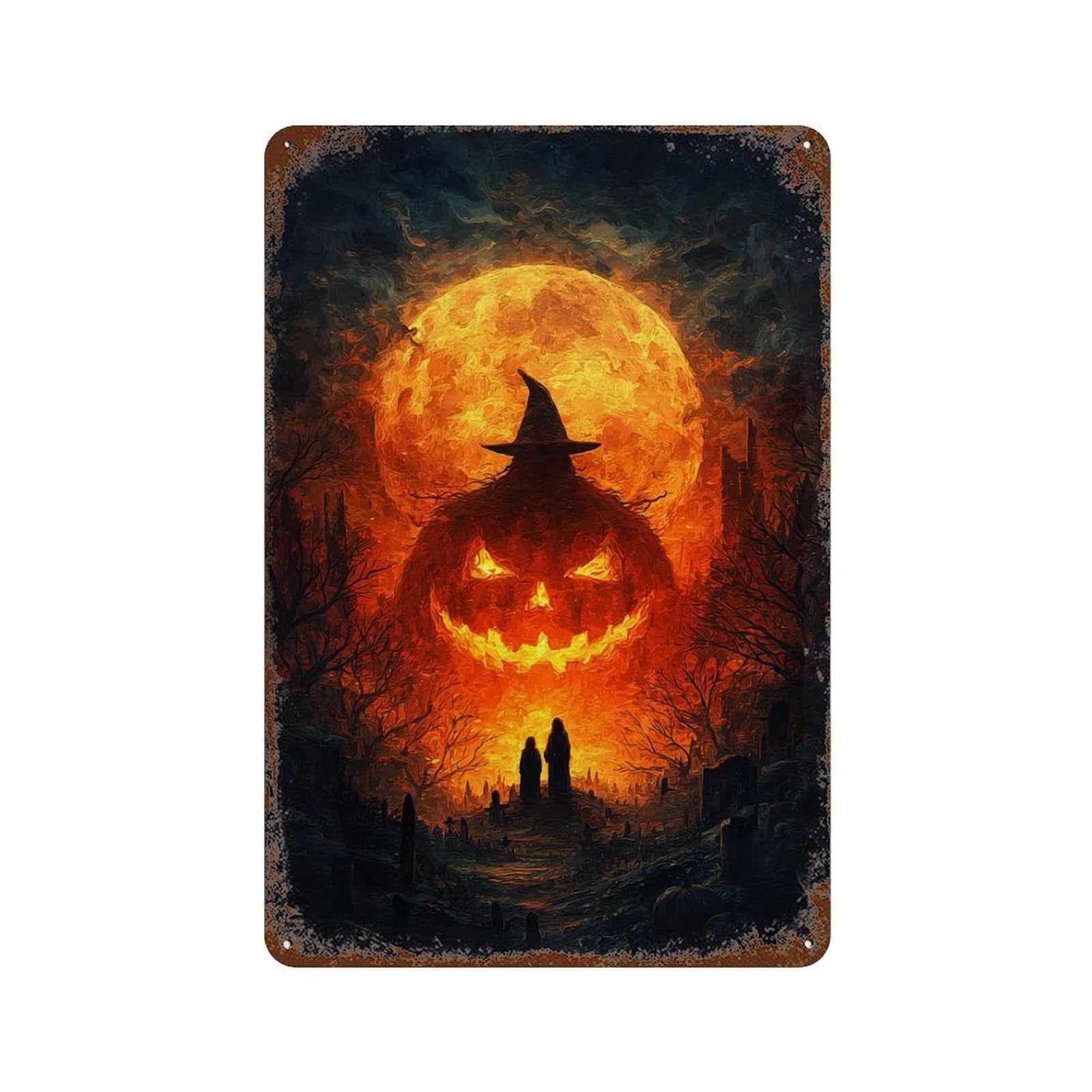 Decorative Tin Sign with Halloween Night Scene Design 11.8"x7.9", for Basement, Hobby Room And Garage Decor, Rustic Home Decor
