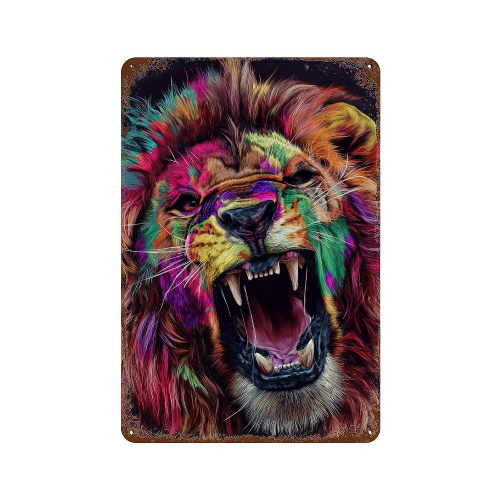 Colorful Roaring Lion Art Print-1 Rust Effect Tin Sign 11.8"x7.9", for Farmhouse, Kitchen And Entryway Decor, Decorative Metal Wall Art