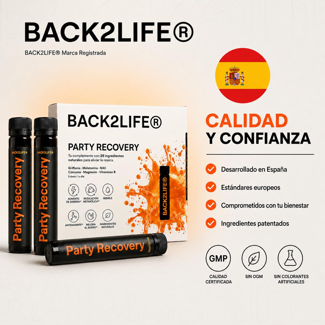 Complemento Stop Resaca Bebible | Vitamina C + Zinc + Taurina + Melatonina + Magnesio Bisglicinato | Anti Resaca 29 Activos Naturales | Kit 5 Shots | Alta Absorción - Party Recovery by BACK2LIFE | Bebible, con Vitamina C, Zinc, Taurina, Melatonina y Magne