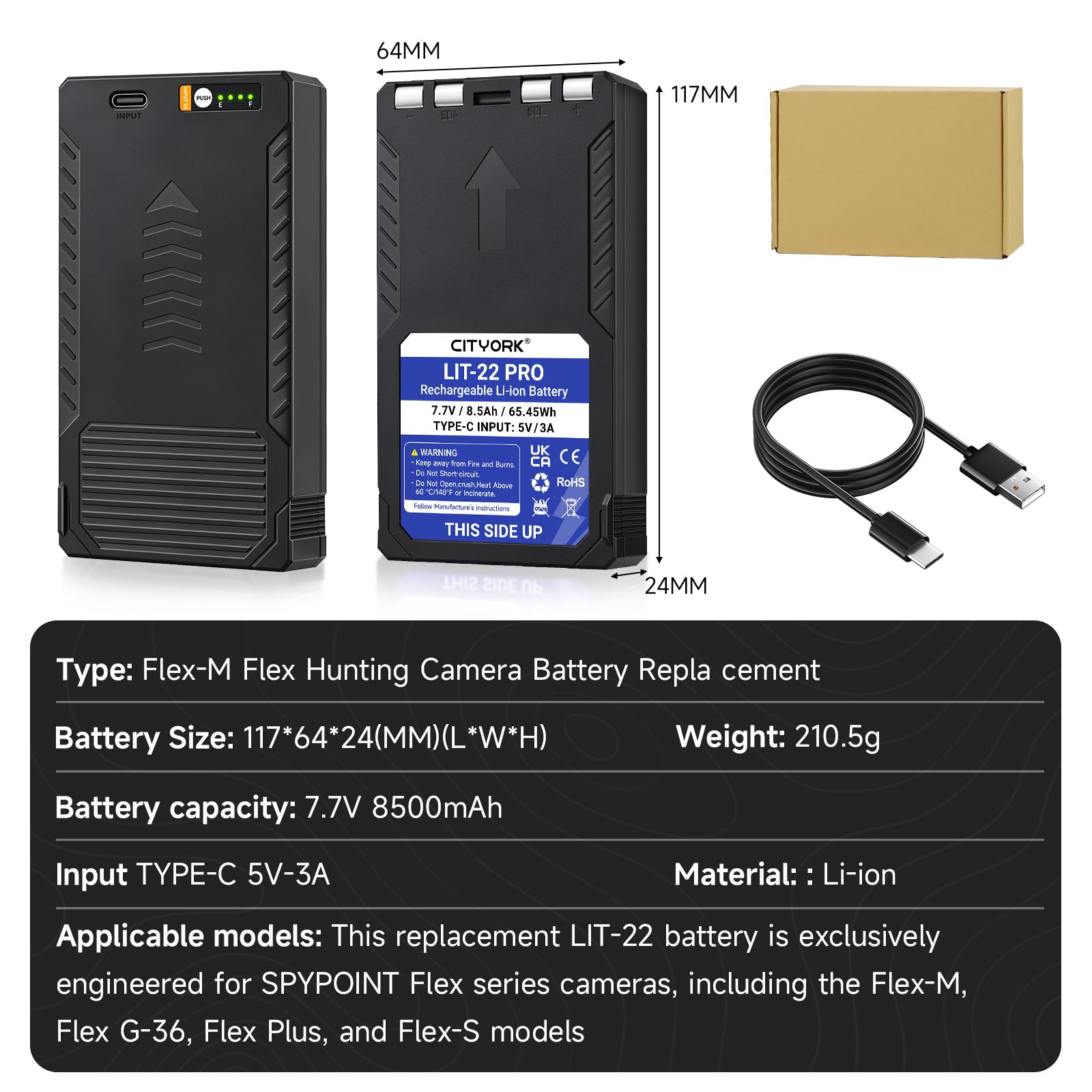 CITYORK Batería recargable LIT-22 Pro de 8500 mAh para cámara de caza LIT-22 Pro Spypoint Flex-M/Flex-S/Flex-G36/Flex-Plus Trail Camera Batería con indicador de carga LED y USB Tipo C (2 unidades)