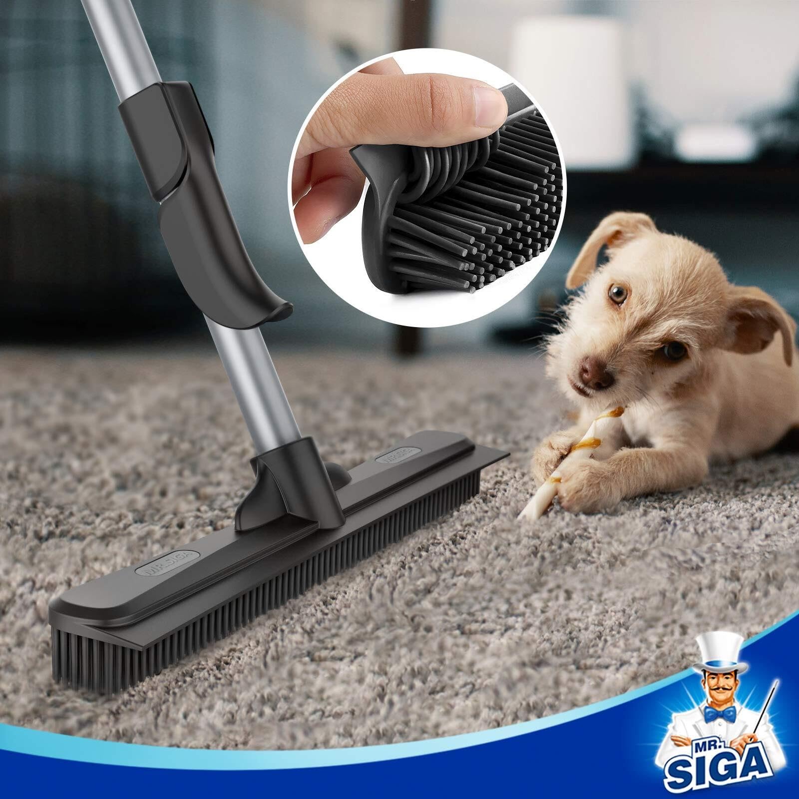 Escoba de goma for quitar el pelo de mascotas con escobilla de goma incorporada, cepillo for pisos 3 en 1 for alfombras, mango ajustable de 61 pulgadas, incluye 1 paño de microfibra for quit