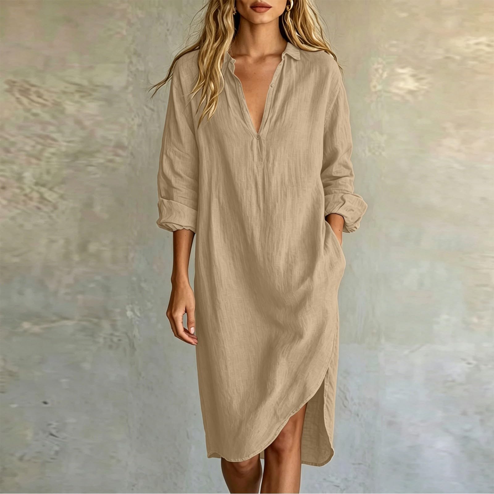 Vestido de muselina para mujer, manga larga, cuello en V, vestido de verano, algodón y lino, de secado rápido, vestidos de playa para mujer