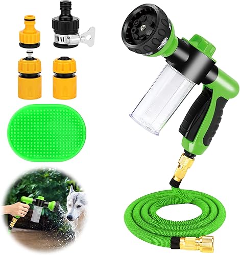 Rypet Pup Jet Dog Wash - Juego de 7 herramientas de baño para mascotas, incluye boquilla de manguera expandible, conector rociador de espuma,