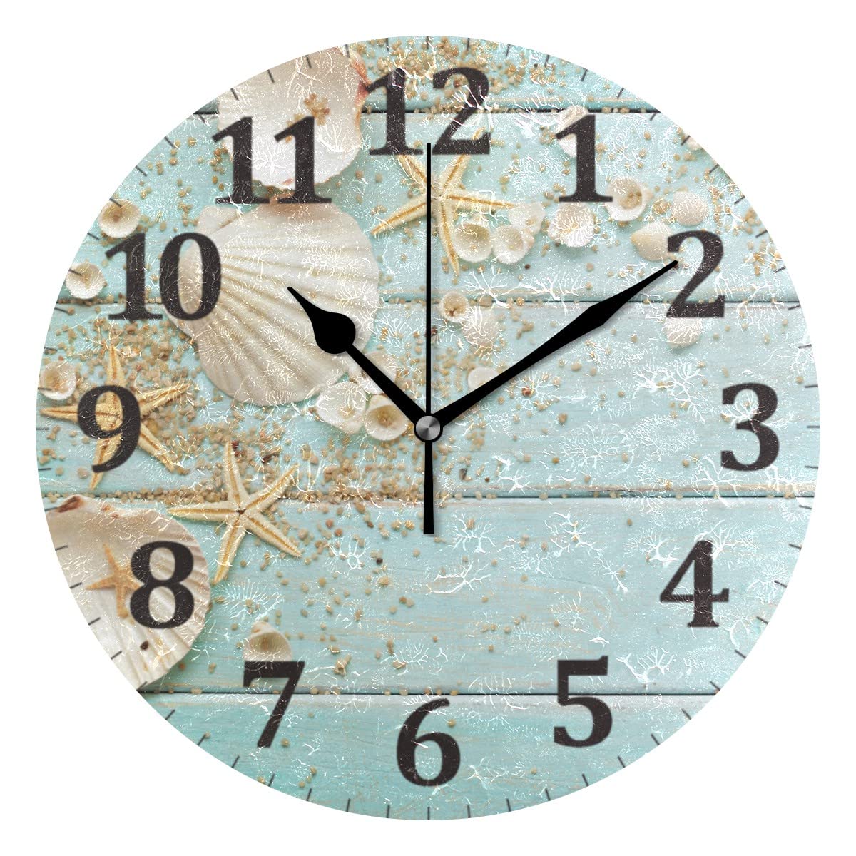 Wood Starfish Shell Wall Clock Silent Non-Ticking, 9.8 Inch Round Clocks Decorative for Living Room Kitchen Bedroom Office