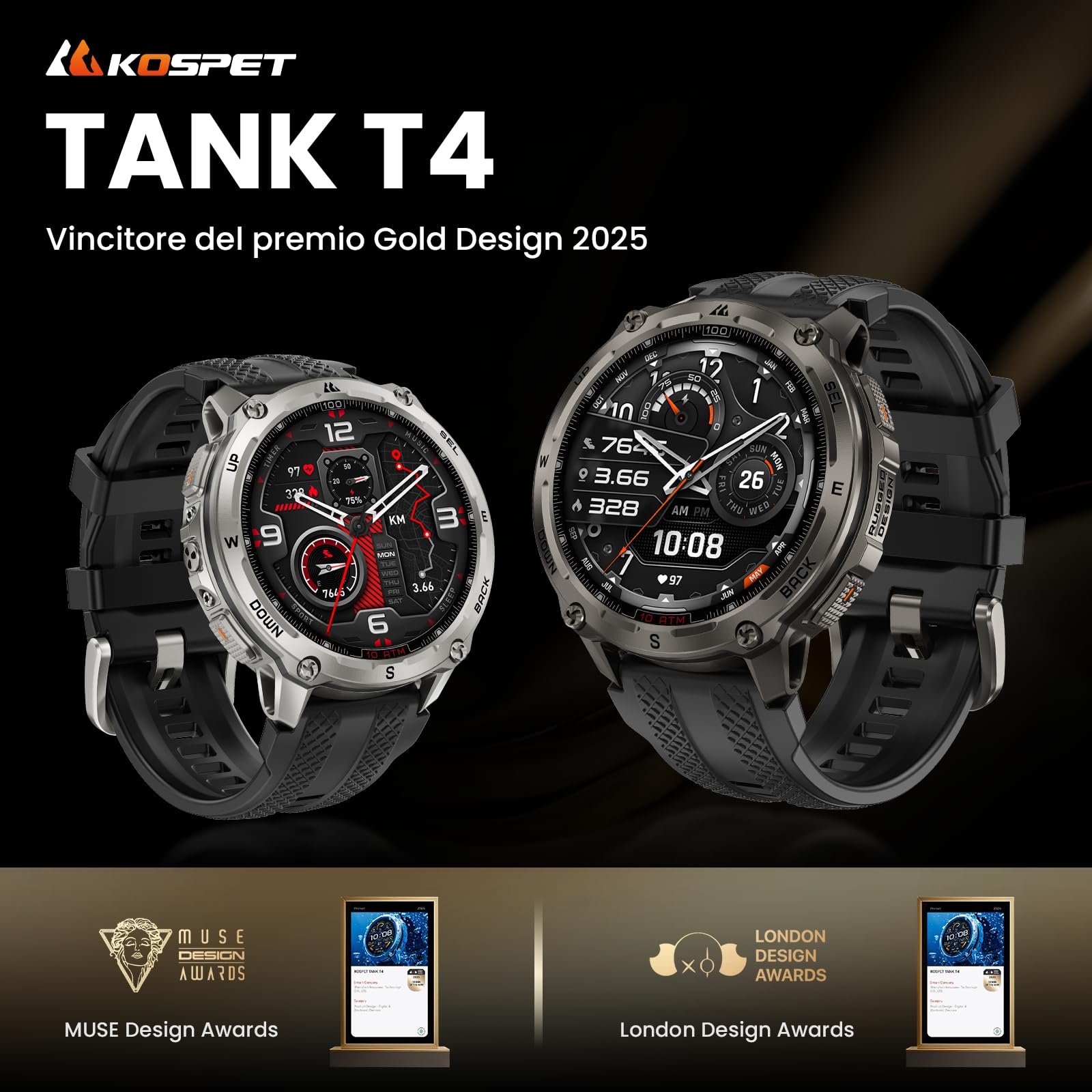 KOSPET Tank T4 Smartwatch Uomo, Acciaio Inox Completo, GPS a 6 Satelliti & Mappe Offline, 10ATM Subacqueo 45m, Batteria 50 Giorni, Chiamate Bluetooth, Monitor Salute 24/7, 1.43",Android & iOS Nero