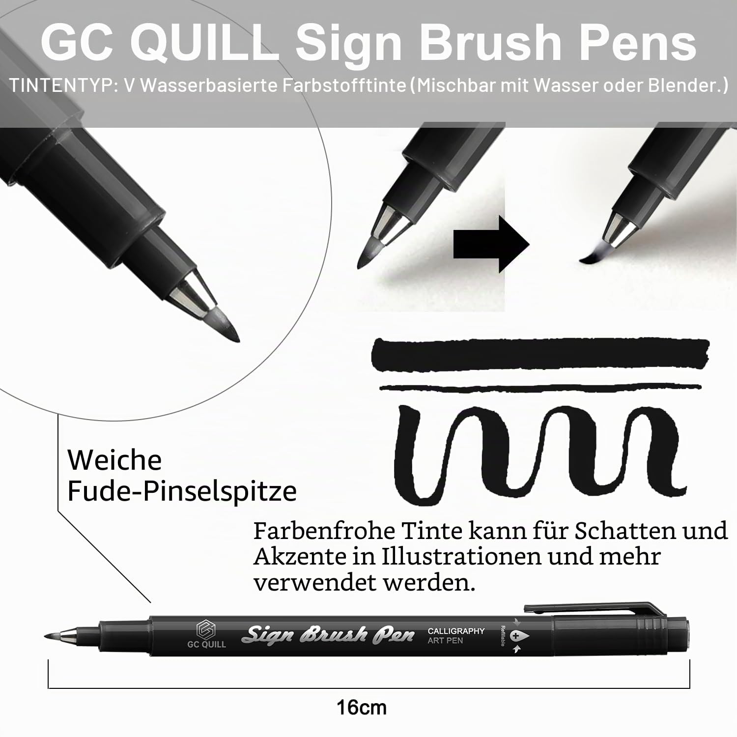 Fudenosuke Kalligraphie Stifte - 16 Farben Zeichen Pinsel Stifte Kalligraphie Set mit Fude Pinselspitzen für Handlettering, Journaling, Kalligraphie, Zeichnung, Schreiben GC-SB16