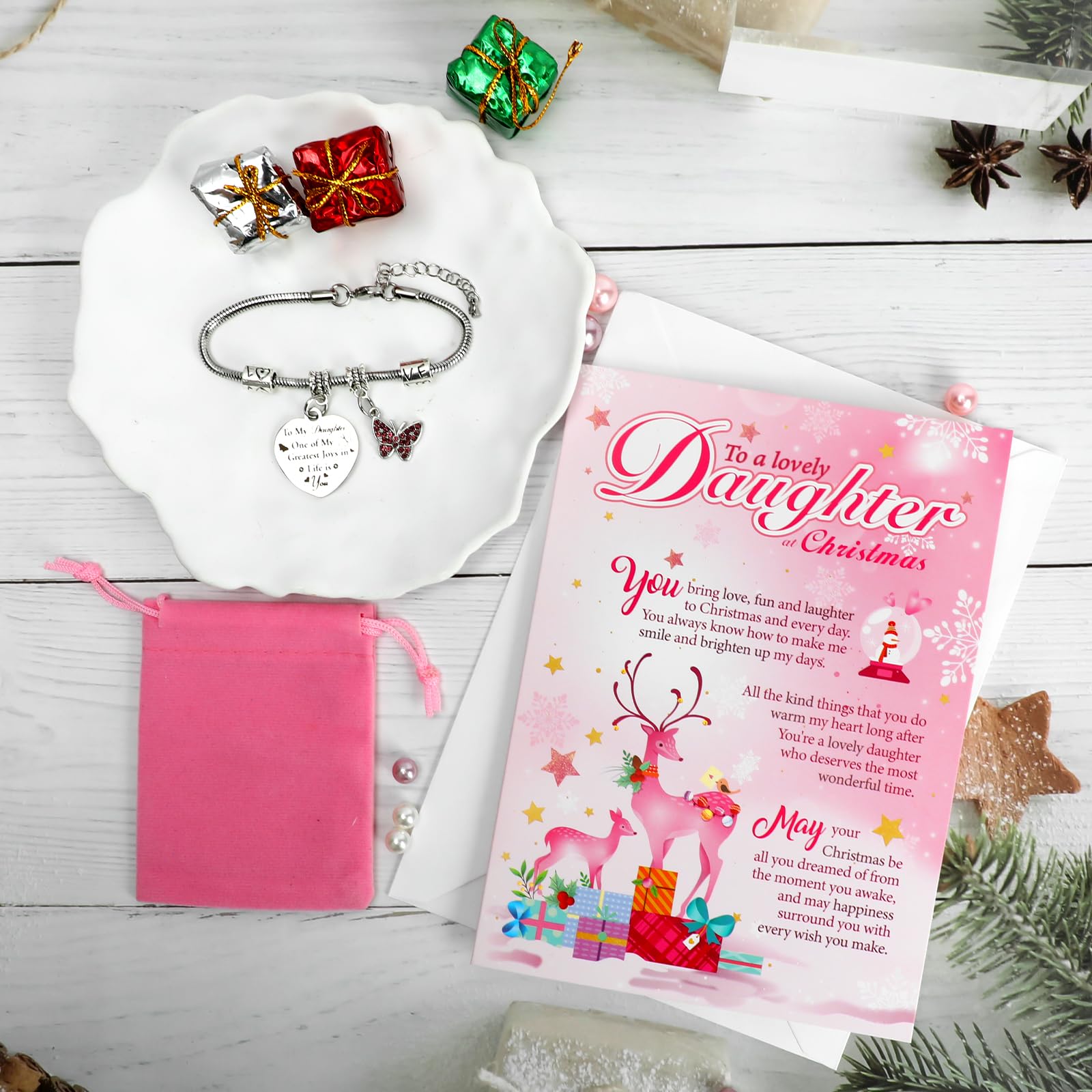 HOWAF Daughter Christmas Card, Xmas Card Daughter Gifts & Heart Bracelet, Gifts for Christmas from Mum Dad - Image 4
