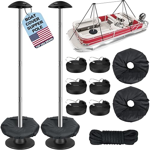 Pontoon Boat Cover Support Poles 2 Pack, Windproof Support Pole，Sectional Adjustable Stainless Steel Boat Cover Support Systems with Webbing Straps and Weight Bag