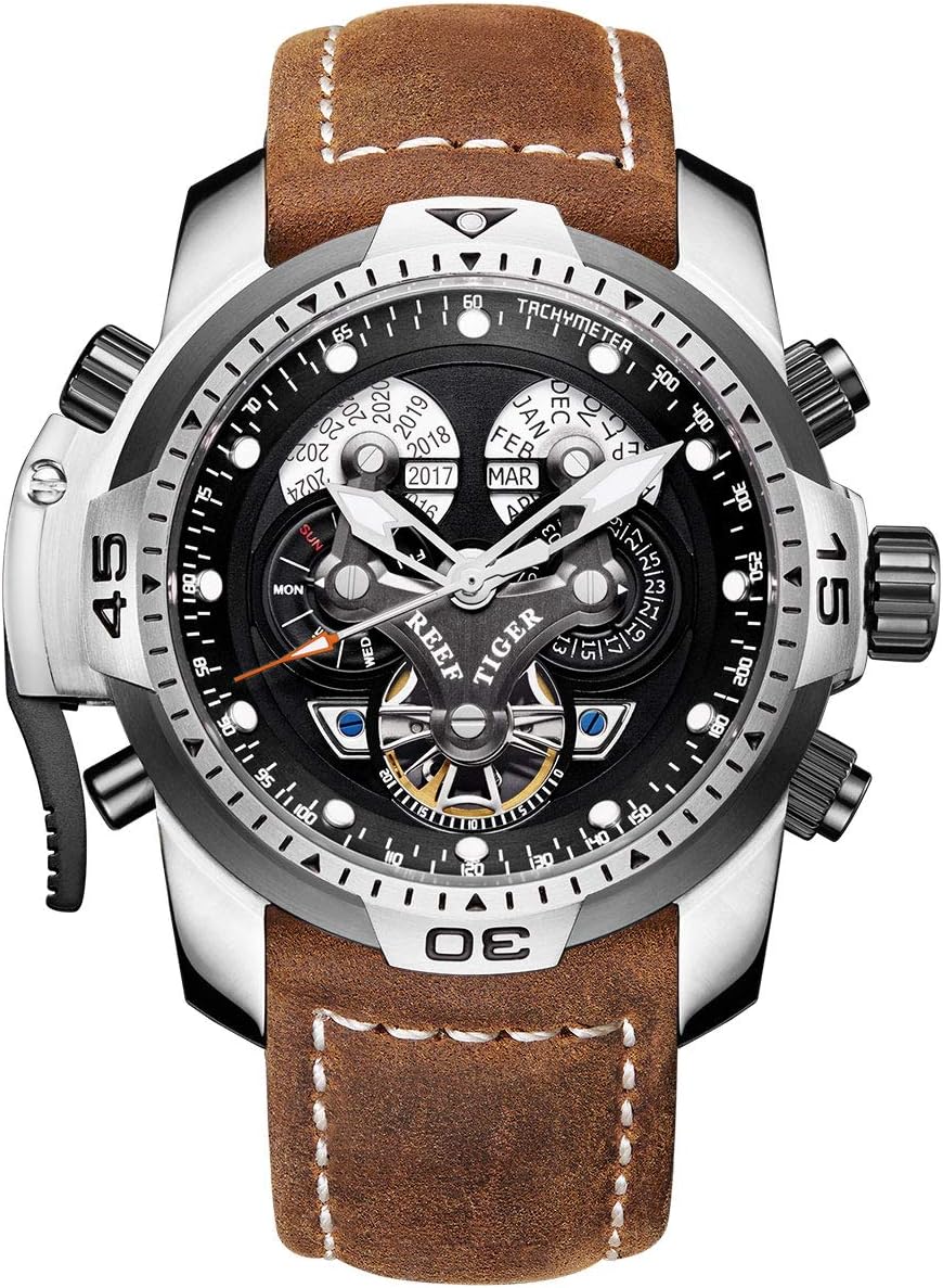 Mens Sport Watches Complicated Black Dial Steel Automatic Military Watches RGA3503