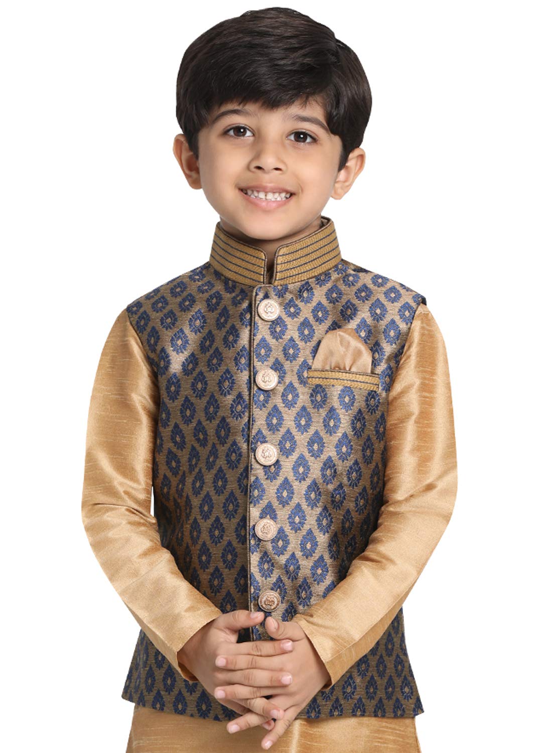 Jbn Creation Boys' Navy Blue And Gold Silk Blend Nehru Jacket (Vasbj025Nb, For 9-10 Years)
