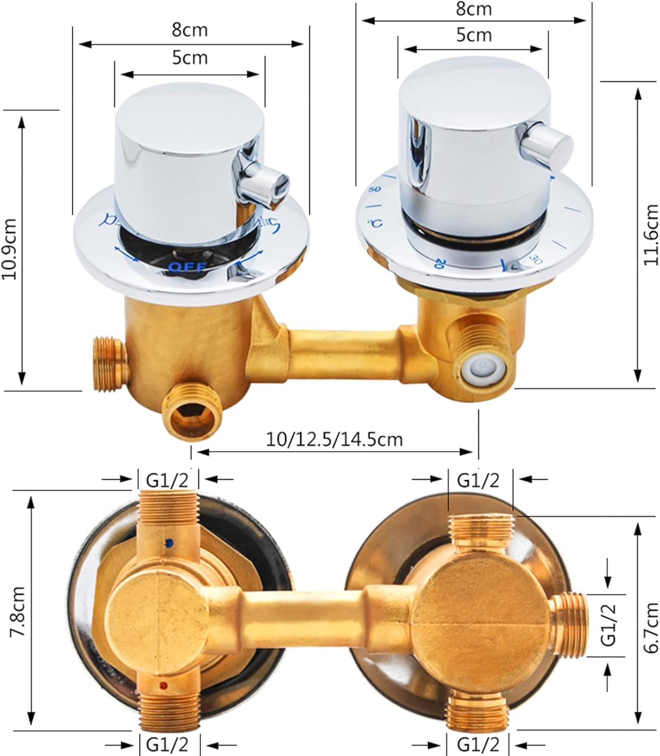 Brass Thermostatic Shower Mixer Tap Vavle With Stop Valve & Intubation 2/3/4 Way, Integral Thermostatic Cold And Hot Control Diverter Valve For Shower Room,Intubation 2 Way