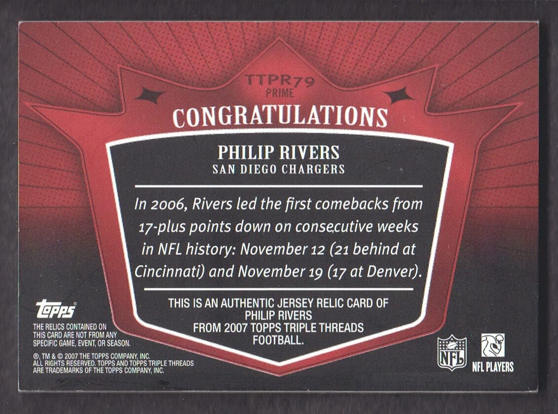2007 Topps Triple Threads Football Jersey Patch Red #79 Philip Rivers 01/18