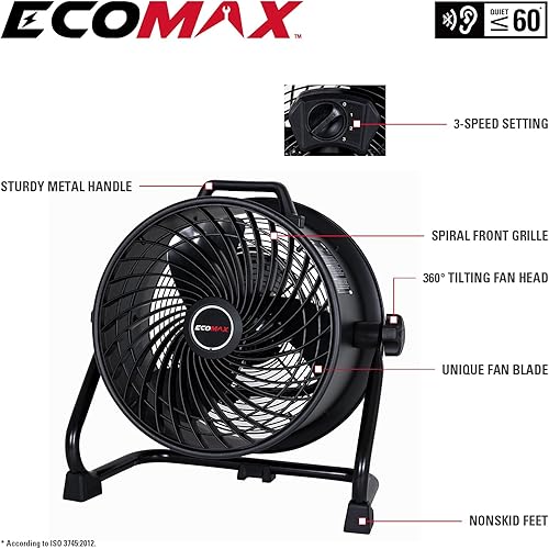 Miniatura 2 de ECOMAX Ventilador industrial de alta velocidad de 16 pulgadas, ventilador portátil de metal de tambor resistente con inclinación de 360° de 3