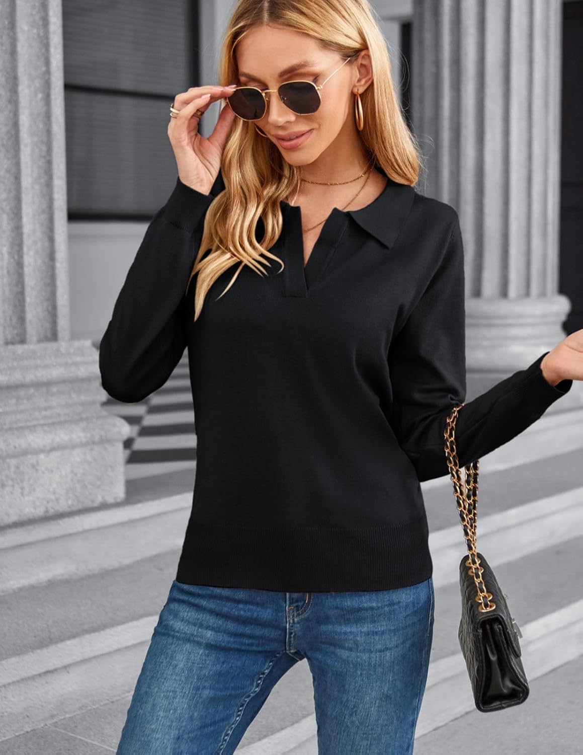 Kate Kasin Women Long Sleeve Polo Sweater V Neck Knitted Tops Casual Ribbed Shirt Loose Pullover Sweater - Image 3
