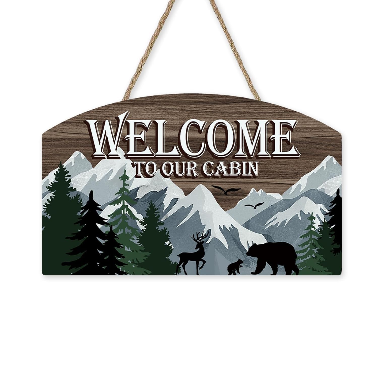 Welcome to Our Cabin Front Door Sign, Camping Adventure Forest Mountain Hunting Wood Plaque Hanger Outdoor Home Decor, Woodland Bear Deer Farmhouse Wooden Wreath Indoor Wall Hanging-image-4