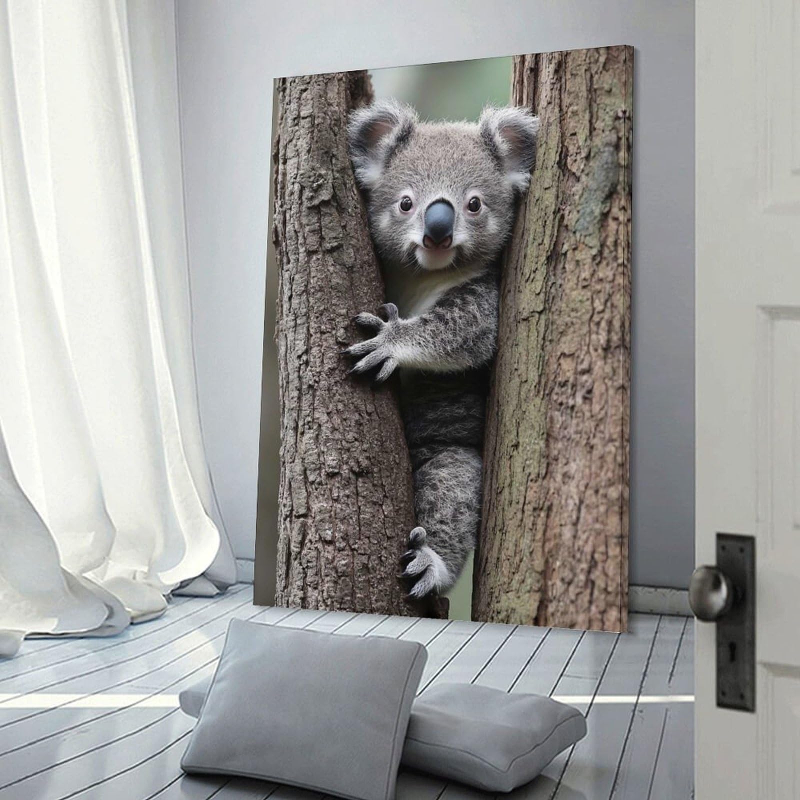 Junmoney Cute Koala Climbing A Tree Hanging Wall Art 24x36inch(60x90cm), for Study, Office Or Focused Interiors, Wall Art That Adds Style to Work Areas