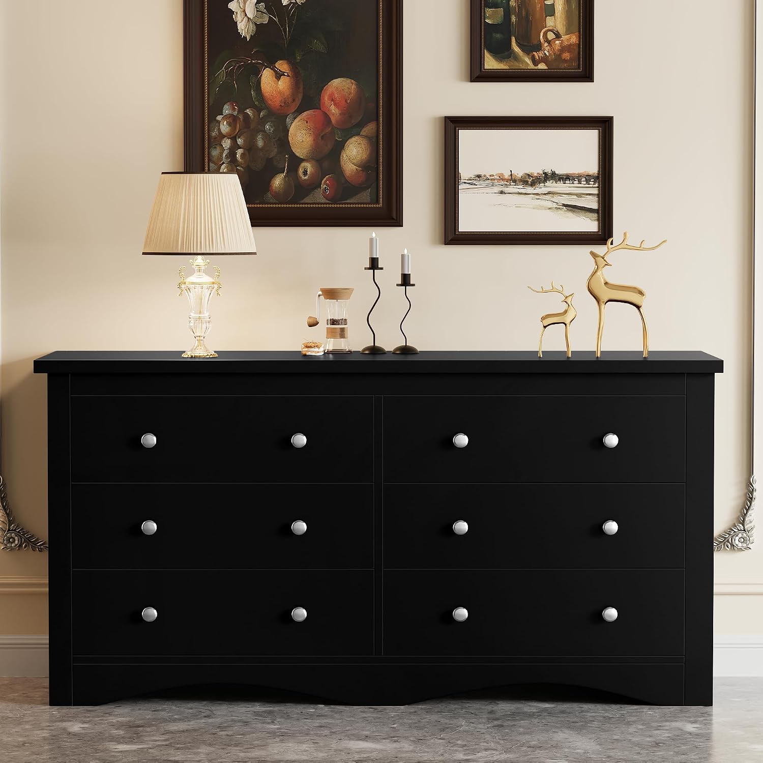 furmax dresser for bedroom, 6 wood dresser, chest of drawers, for tv up to 65 inch, tv stand storage chest of drawers for hallway entryway (black) black 15.7"d x 52"w x 26"h (6 drawers)
